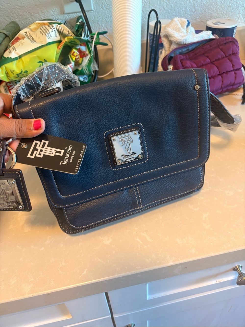 Tignanello Navy Leather Messenger Crossbody with Silver Logo Plate
